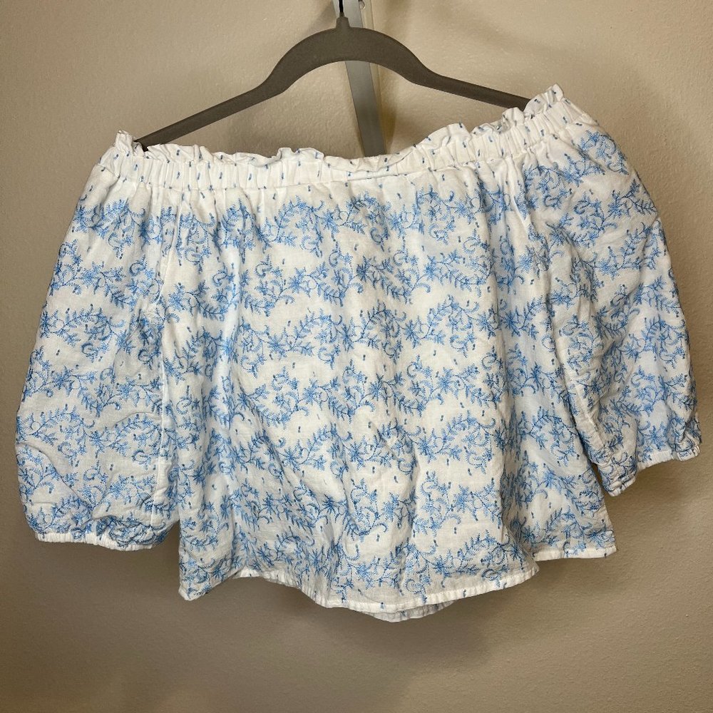 Blue and White Off The Shoulder Top - Size Small